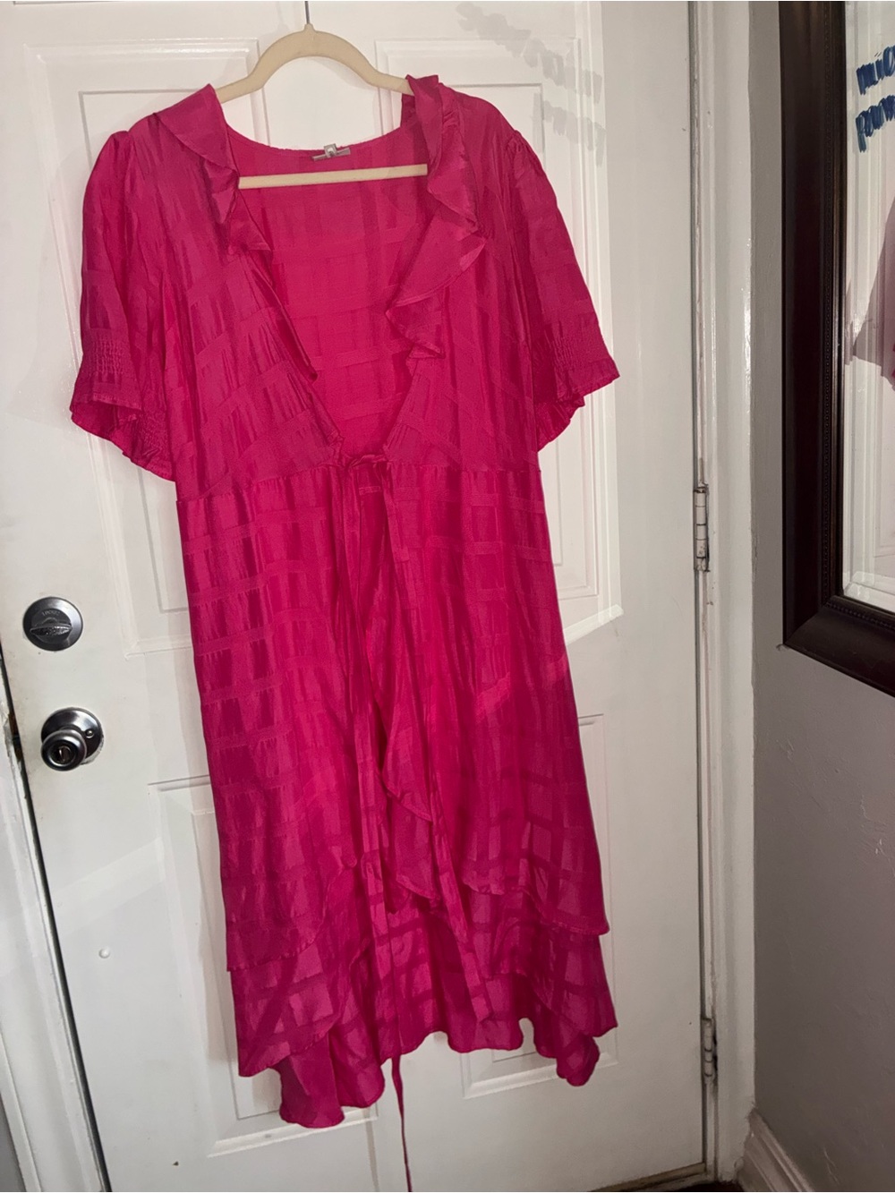 Bright Pink Ruffle-Front Midi Dress